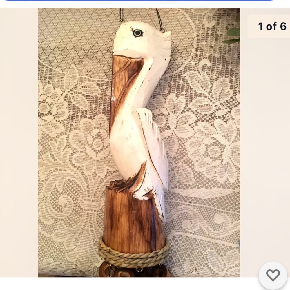 Lg Wood Pelican on Piling Wind Chime Seashore 40"